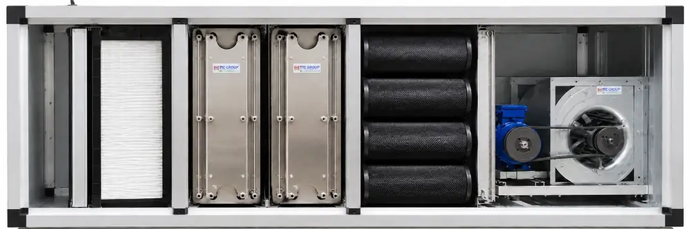 Depuratore ARTURO 30 cassonato aperto: prefiltri G4, filtri F9, celle elettrostatiche, carbone attivo e ventilatore